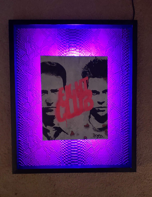 Fight Club, acrylic on canvas with embedded brick paper, back light LED